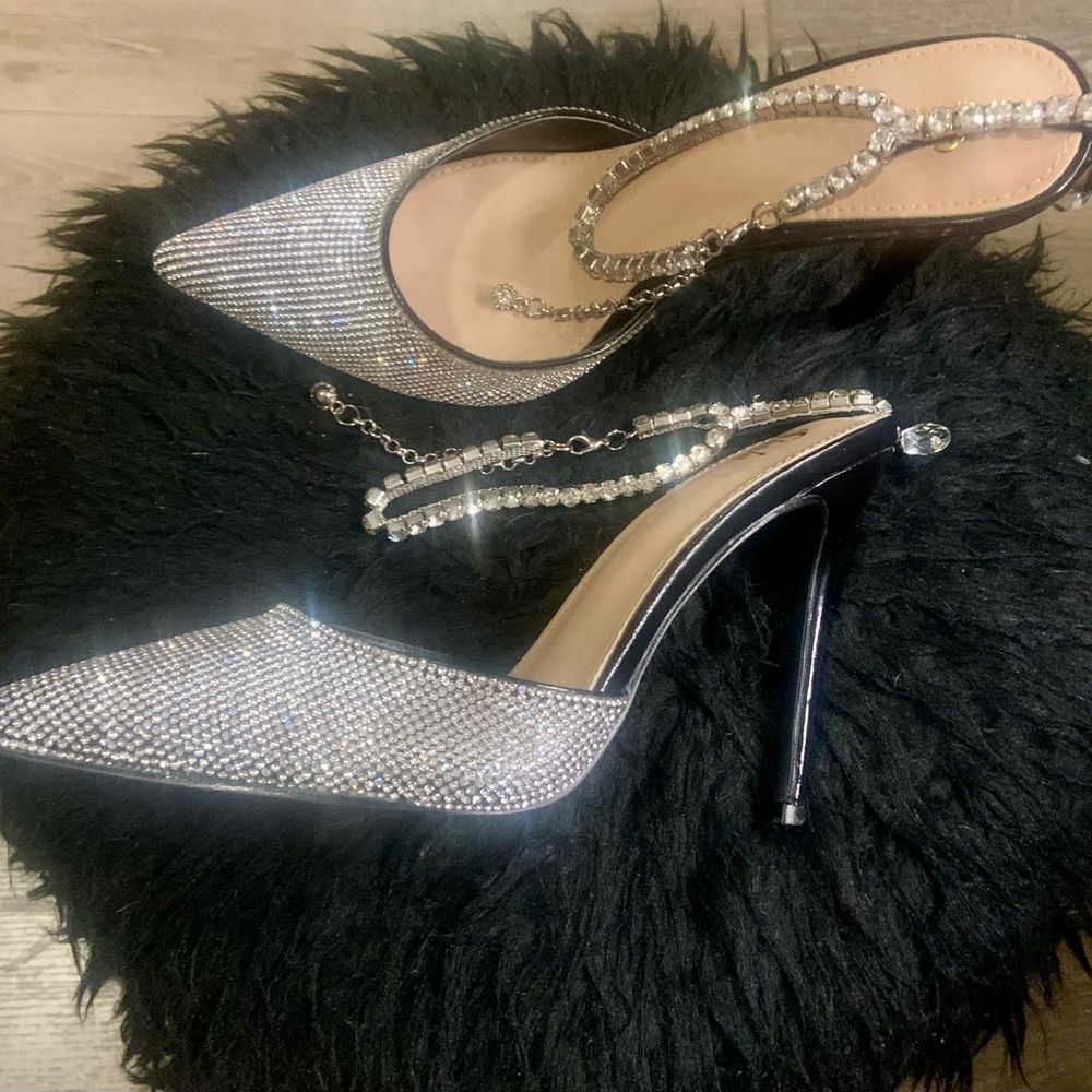 Pointy Toe Rhinestone Ankle Strap Stiletto Pumps